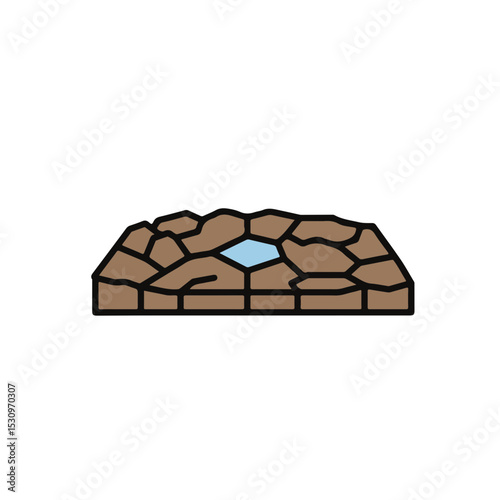 An illustration of a cracked land, featuring a small water source.