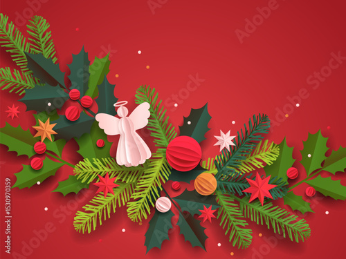 Paper cut template. Christmas vector greeting card. Christmas tree, balls, and a decor isolated on a red background. Winter frame for holidays with place for text.
