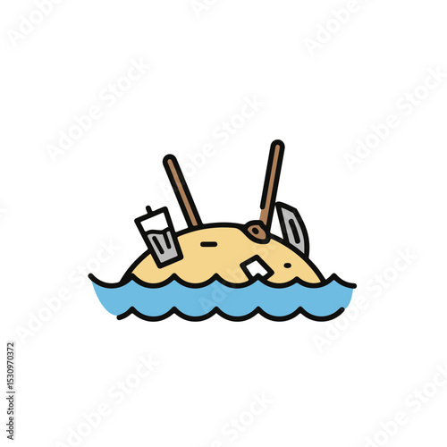 An island littered with garbage and waste, symbolizing pollution in environment.