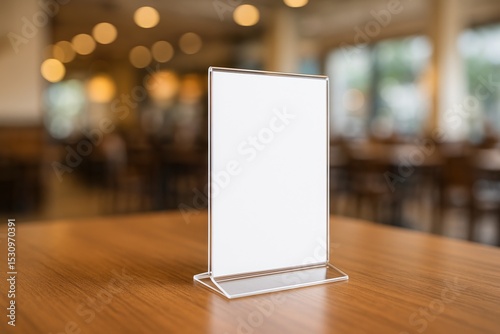 Mock-up of a blank menu label frame clear acrylic table display stand. Empty white advertising menu holder on brown wooden table in a cafe, copy space reservation empty