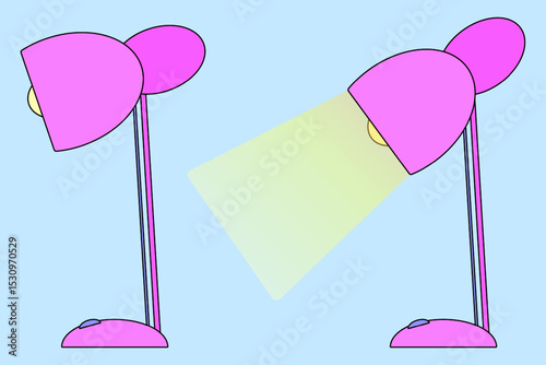 Cartoon vector illustration of an set of pink desk lamp in two positions, one lit and one off, on blue background. For back to school theme, education visual, educational concept, and classroom decor.