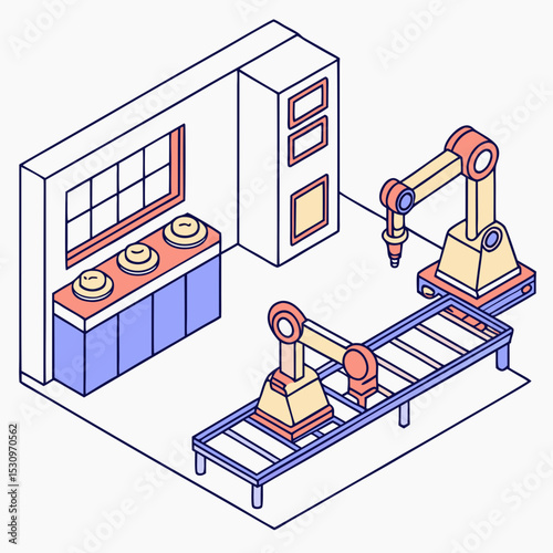 Remotely controlled programmable robotic arms. Automated production or warehouse with modern mechanical devices and conveyors. Innovative technologies. Cartoon contemporary flat vector .