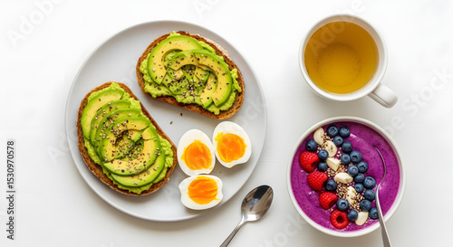 Wallpaper Mural Healthy Breakfast Avocado Toast, Boiled Eggs, and Berry Smoothie Bowl Torontodigital.ca
