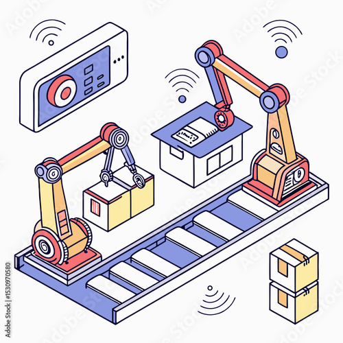 Remotely controlled programmable robotic arms. Automated production or warehouse with modern mechanical devices and conveyors. Innovative technologies. Cartoon contemporary flat vector .