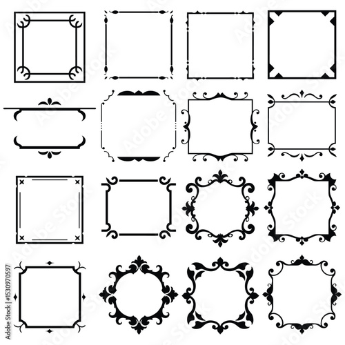 Collection of sixteen elegant decorative square frames in vintage ornamental style for invitations and graphic design.