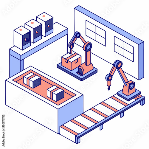 Remotely controlled programmable robotic arms. Automated production or warehouse with modern mechanical devices and conveyors. Innovative technologies. Cartoon contemporary flat vector .