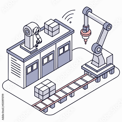 Remotely controlled programmable robotic arms. Automated production or warehouse with modern mechanical devices and conveyors. Innovative technologies. Cartoon contemporary flat vector .