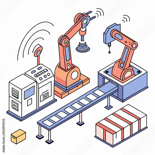 Remotely controlled programmable robotic arms. Automated production or warehouse with modern mechanical devices and conveyors. Innovative technologies. Cartoon contemporary flat vector .