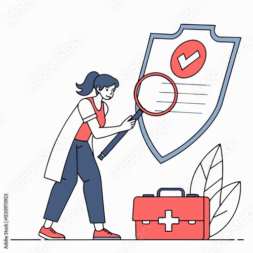 Female character examining health insurance checklist with magnifier, shield and medical kit on abstract background. Concept of healthcare policy. Vector