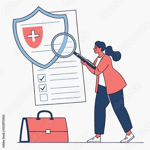 Female character examining health insurance checklist with magnifier, shield and medical kit on abstract background. Concept of healthcare policy. Vector