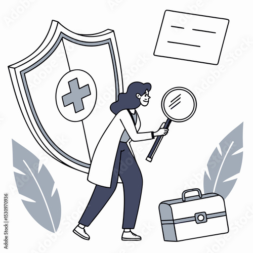 Female character examining health insurance checklist with magnifier, shield and medical kit on abstract background. Concept of healthcare policy. Vector
