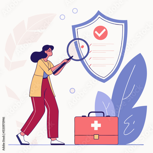 Female character examining health insurance checklist with magnifier, shield and medical kit on abstract background. Concept of healthcare policy. Vector