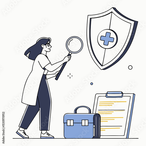 Female character examining health insurance checklist with magnifier, shield and medical kit on abstract background. Concept of healthcare policy. Vector