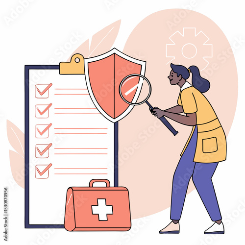 Female character examining health insurance checklist with magnifier, shield and medical kit on abstract background. Concept of healthcare policy. Vector
