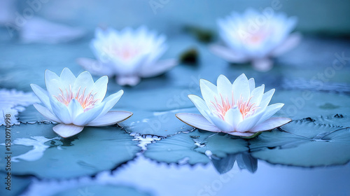 Delicate white water lilies rest gracefully on the still water, their petals unfurling in the gentle light.