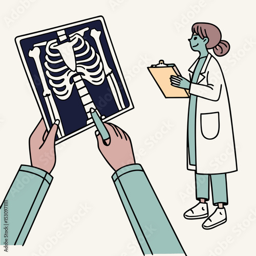 Hands with xray concept. Character in medical gown analyzes xray of patient. Diagnosis and treatment. Radiography and fluorography. Healthcare and medicine. Cartoon flat vector .
