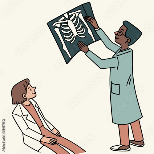 Hands with xray concept. Character in medical gown analyzes xray of patient. Diagnosis and treatment. Radiography and fluorography. Healthcare and medicine. Cartoon flat vector .