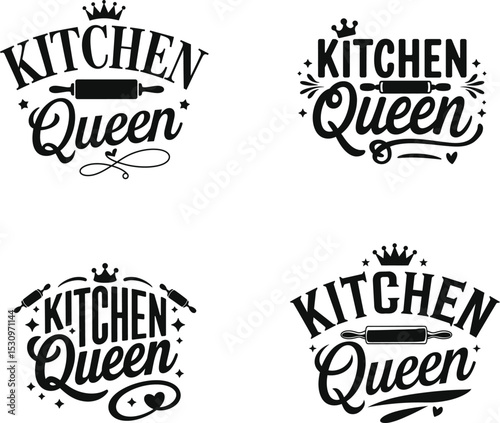 Kitchen Queen Typography Vector Set with Rolling Pin, Crown, Design for poster, flyer, banner, menu café. Hand drawn, calligraphy quote text 