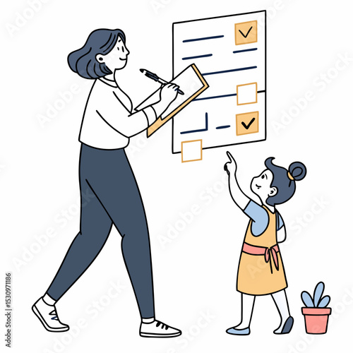 Woman with rules of work. Young girl putting marks in notepad. Productivity and business performance. Organizing efficient workflow and planning. Flat .