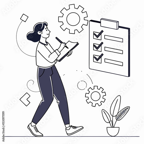 Woman with rules of work. Young girl putting marks in notepad. Productivity and business performance. Organizing efficient workflow and planning. Flat .
