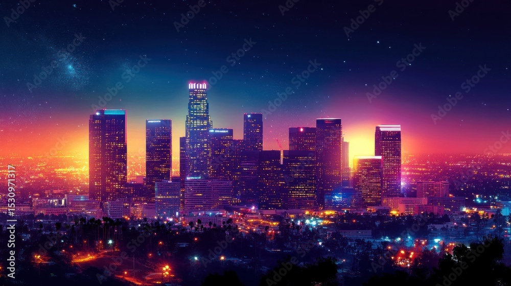 Obraz premium Vibrant sunset over a city skyline with illuminated skyscrapers and starry night sky.