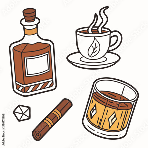 Set of whiskey symbols. Stickers with bottle, mug or glass decanter with alcoholic drink, bourbon or scotch. Smoking cigars and beverage with ice cube. Cartoon flat vector collection isolated on .