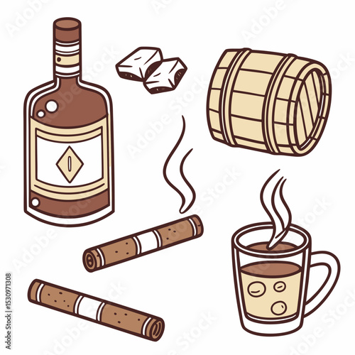 Set of whiskey symbols. Stickers with bottle, mug or glass decanter with alcoholic drink, bourbon or scotch. Smoking cigars and beverage with ice cube. Cartoon flat vector collection isolated on .
