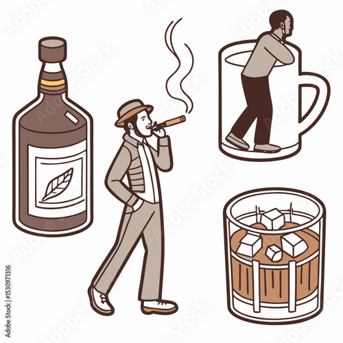 Set of whiskey symbols. Stickers with bottle, mug or glass decanter with alcoholic drink, bourbon or scotch. Smoking cigars and beverage with ice cube. Cartoon flat vector collection isolated on .
