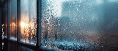 Twilight raindrops on sunset window