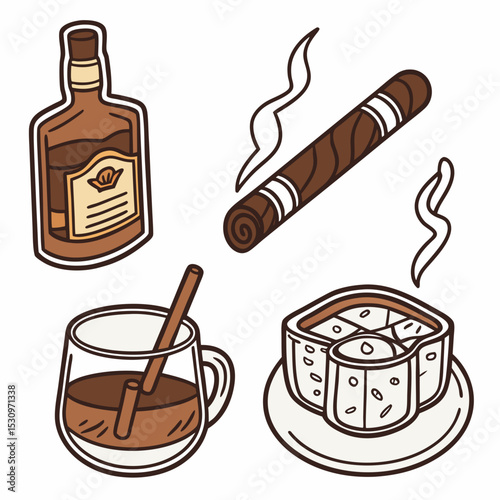 Set of whiskey symbols. Stickers with bottle, mug or glass decanter with alcoholic drink, bourbon or scotch. Smoking cigars and beverage with ice cube. Cartoon flat vector collection isolated on .