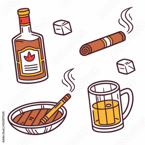 Set of whiskey symbols. Stickers with bottle, mug or glass decanter with alcoholic drink, bourbon or scotch. Smoking cigars and beverage with ice cube. Cartoon flat vector collection isolated on .