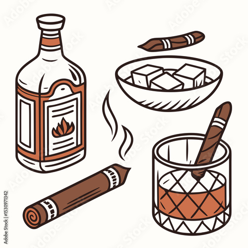 Set of whiskey symbols. Stickers with bottle, mug or glass decanter with alcoholic drink, bourbon or scotch. Smoking cigars and beverage with ice cube. Cartoon flat vector collection isolated on .