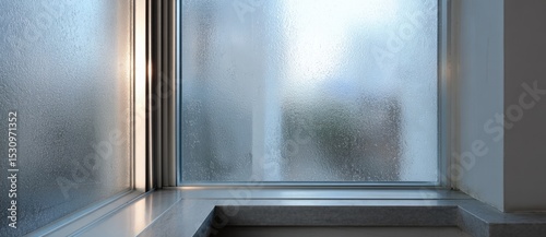 Water droplets on a windowpane in a cozy room