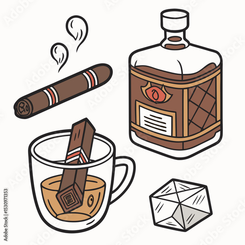 Set of whiskey symbols. Stickers with bottle, mug or glass decanter with alcoholic drink, bourbon or scotch. Smoking cigars and beverage with ice cube. Cartoon flat vector collection isolated on .