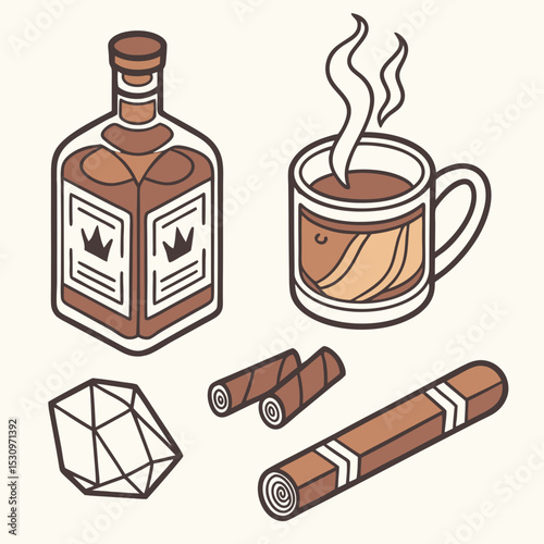Set of whiskey symbols. Stickers with bottle, mug or glass decanter with alcoholic drink, bourbon or scotch. Smoking cigars and beverage with ice cube. Cartoon flat vector collection isolated on .