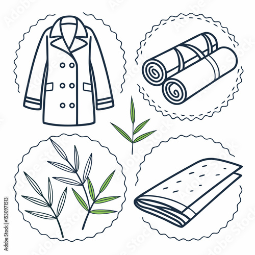 Eco fabric material icons set. Outline stickers with natural textiles and clothes, bamboo and linen, silk and leather, cashmere and mohair. Linear flat vector collection isolated on white .