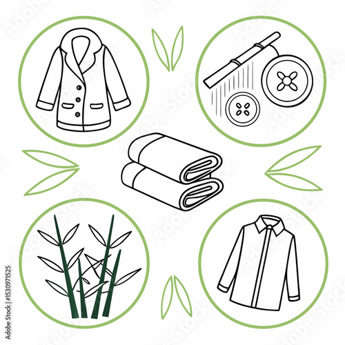 Eco fabric material icons set. Outline stickers with natural textiles and clothes, bamboo and linen, silk and leather, cashmere and mohair. Linear flat vector collection isolated on white .