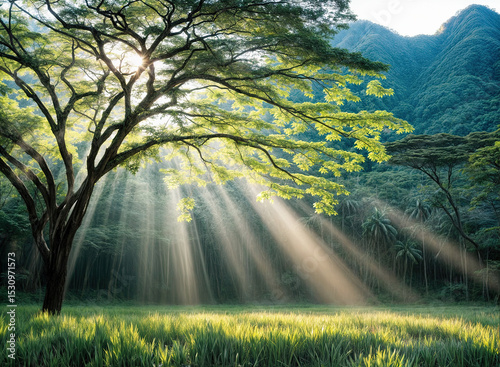 Peaceful scene of a meadow bathed in morning sunlight, with towering trees in the background.