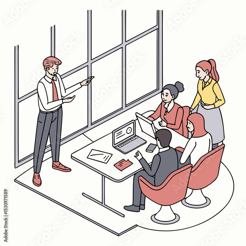 Business team ready for work. Men and women discussing project. Conference, meeting and brainstorming. Colleagues or partners, boss gives instructions .