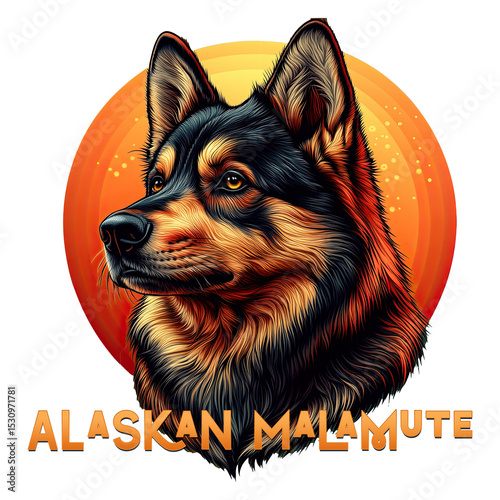 a vibrant illustration of an Alaskan Malamute dog, set against a warm, circular background with light effects. The dog's name, 