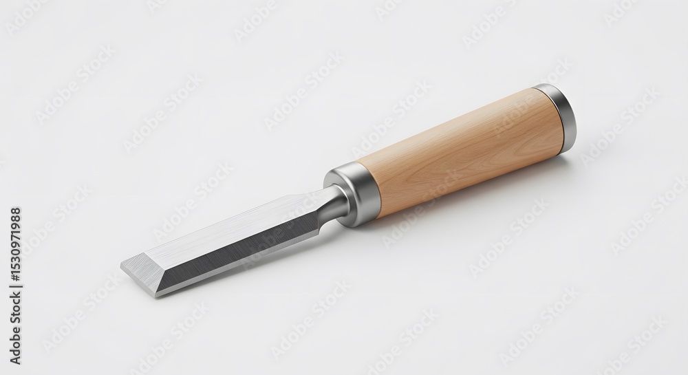 Naklejka premium A single, sharp woodworking chisel with a classic wooden handle, isolated on a clean white studio background.