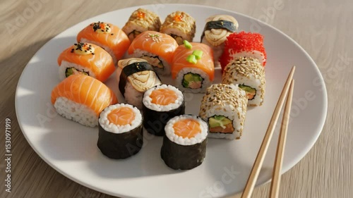 Sushi Delight: A culinary masterpiece on a white plate, featuring a variety of expertly crafted sushi rolls. The scene captures the artful arrangement of fresh ingredients and vibrant colors.