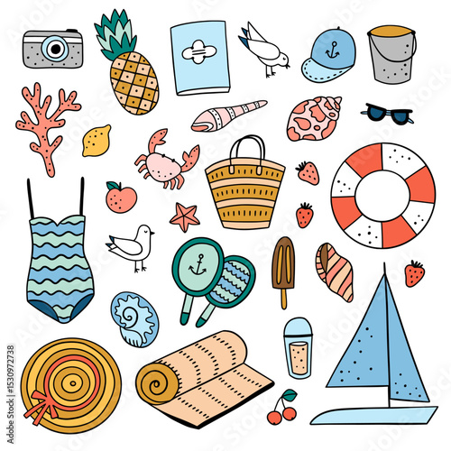 Summer beach clipart. Cute beach vector set. Summertime doodles on white background