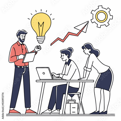 Business Activity Scene Set. Entrepreneurs or office workers come up with creative idea for startup, analyze data, and discuss project with partners. Flat vector illustration isolated on .