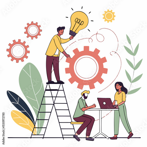 Business Activity Scene Set. Entrepreneurs or office workers come up with creative idea for startup, analyze data, and discuss project with partners. Flat vector illustration isolated on .