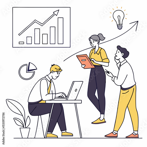 Business Activity Scene Set. Entrepreneurs or office workers come up with creative idea for startup, analyze data, and discuss project with partners. Flat vector illustration isolated on .