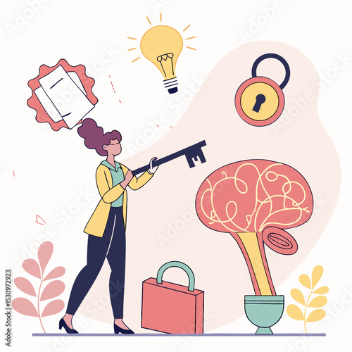 Woman holding key and certificate near brain, lightbulb, images, and lock with abstract background. Concept of intellectual property and creativity. Vector .