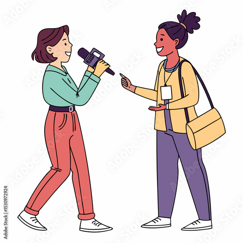Journalist interviews concept. Mass media worker with popular personality. Man answer to questions from woman with microphone. Cartoon flat vector illustration isolated on white .