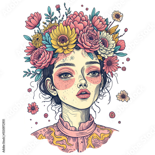 a vibrant and detailed illustration of a person adorned with a lush, colorful floral crown. The background is dark, which makes the bright flowers and the pink clothing stand out prominently.