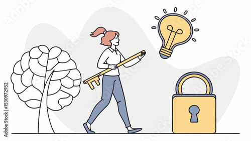 Woman holding key and certificate near brain, lightbulb, images, and lock with abstract background. Concept of intellectual property and creativity. Vector .